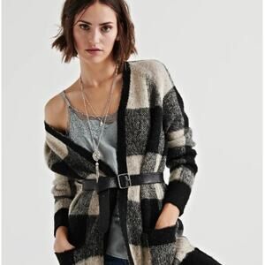 Lucky Brand Wool Blend Black & Cream Plaid Cardigan with Pockets Size XL